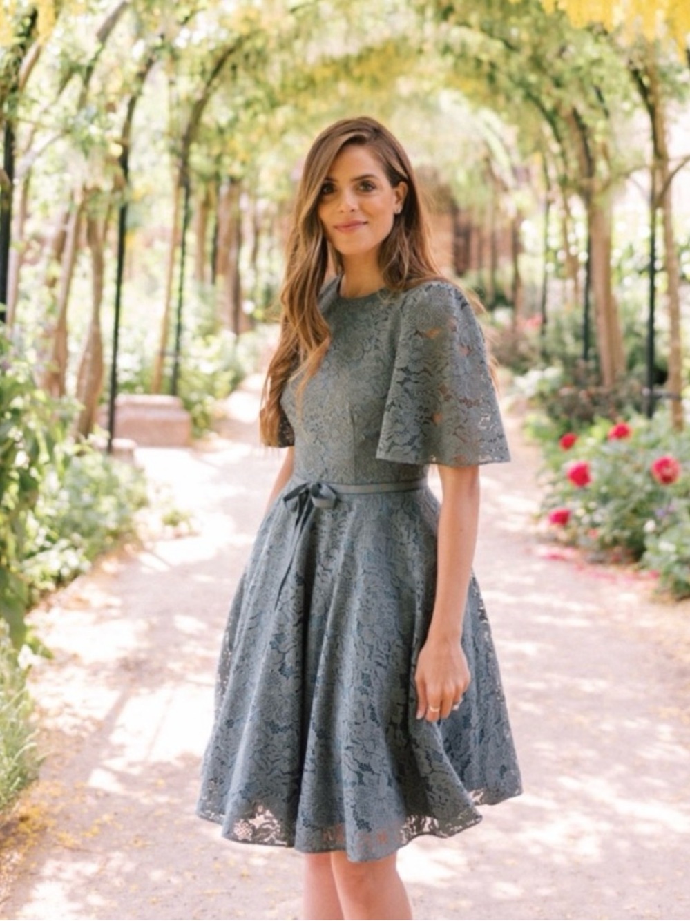 Gal Meets Glam Harper Lace Fit-and-Flare Dress in Dusty Green